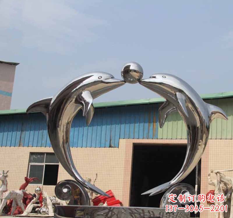 保定不锈钢公园镜面海豚顶球雕塑