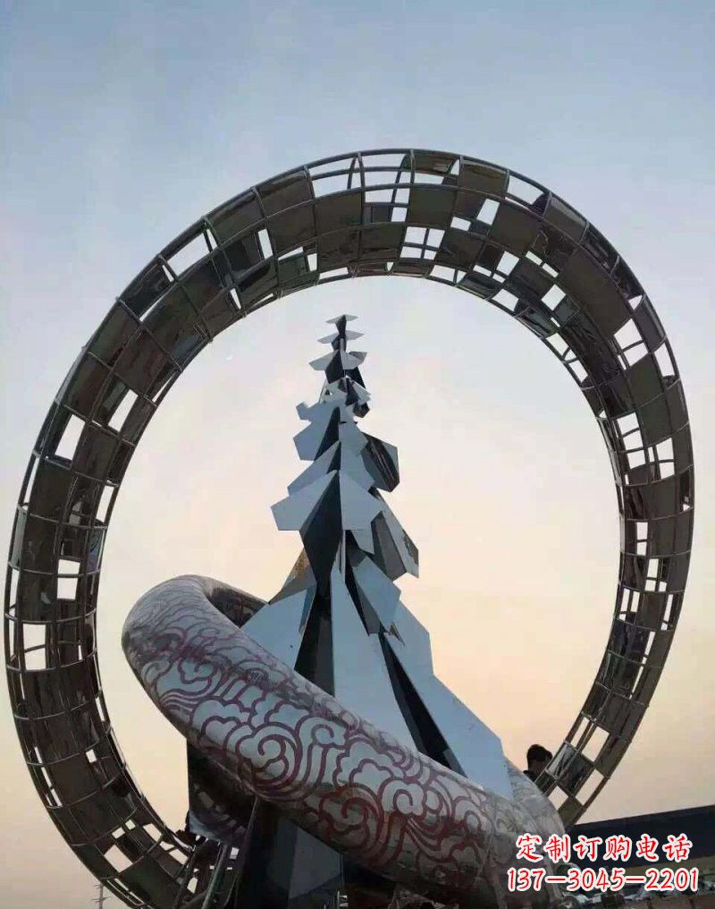 保定不锈钢广场抽象祥云和松树雕塑