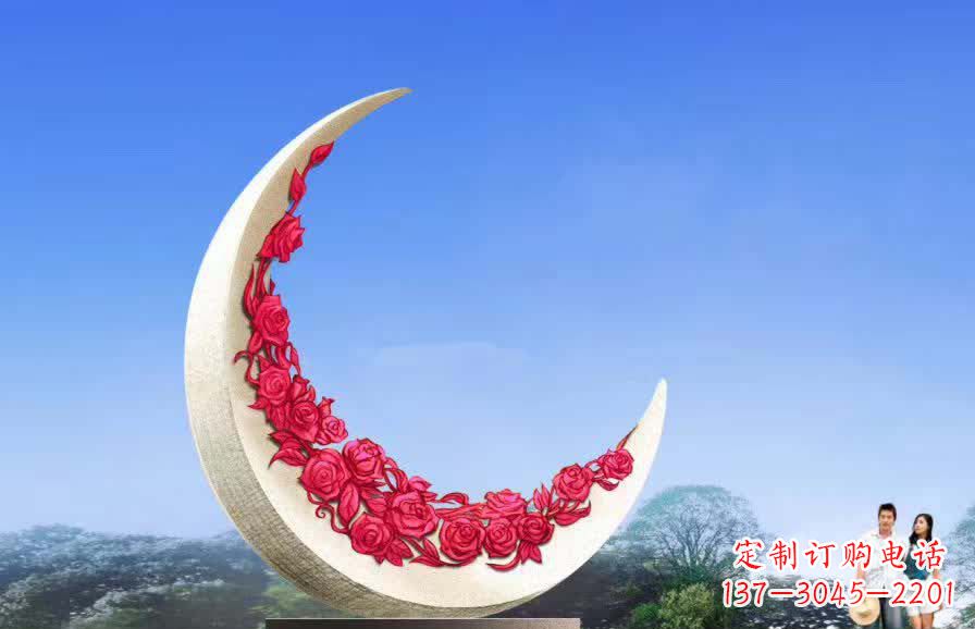 保定不锈钢广场月亮雕塑月光下的璀璨美景