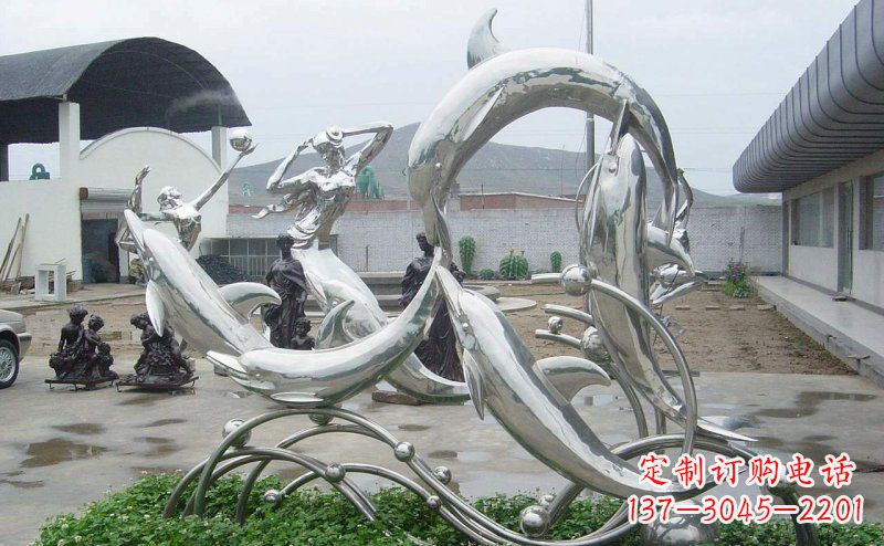 保定不锈钢海豚嬉戏动物雕塑