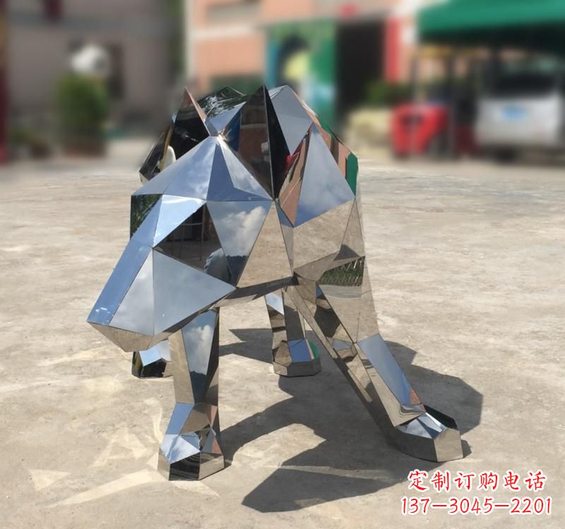 保定不锈钢园林动物几何狼雕塑