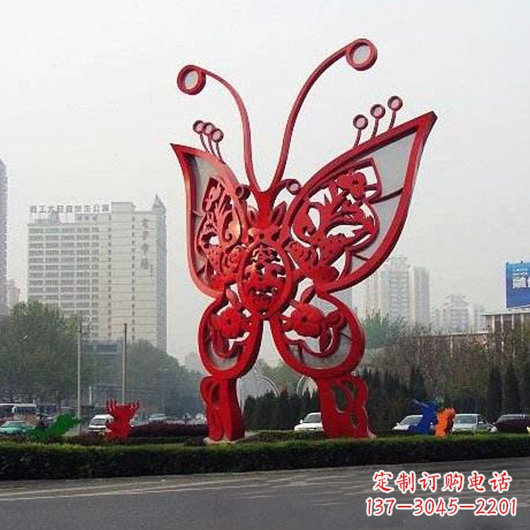 保定城市园林道路绿化带大型红色蝴蝶不锈钢雕塑景观
