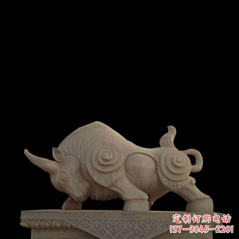 保定抽象牛砂岩雕塑-生肖动物石雕摆件