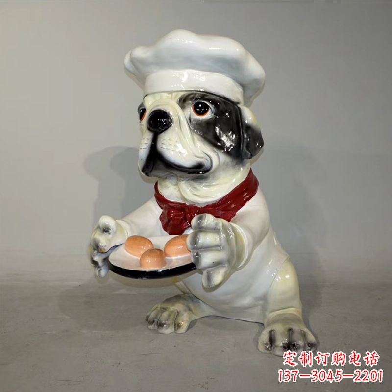 保定厨师造型斗牛犬,玻璃钢仿陶瓷狗雕塑