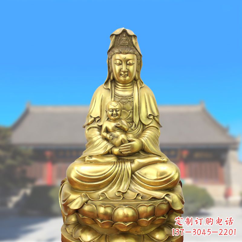 保定纯铜观音坐姿鎏金铜雕