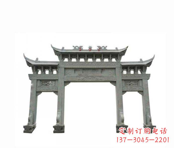 保定村口三门牌楼石雕