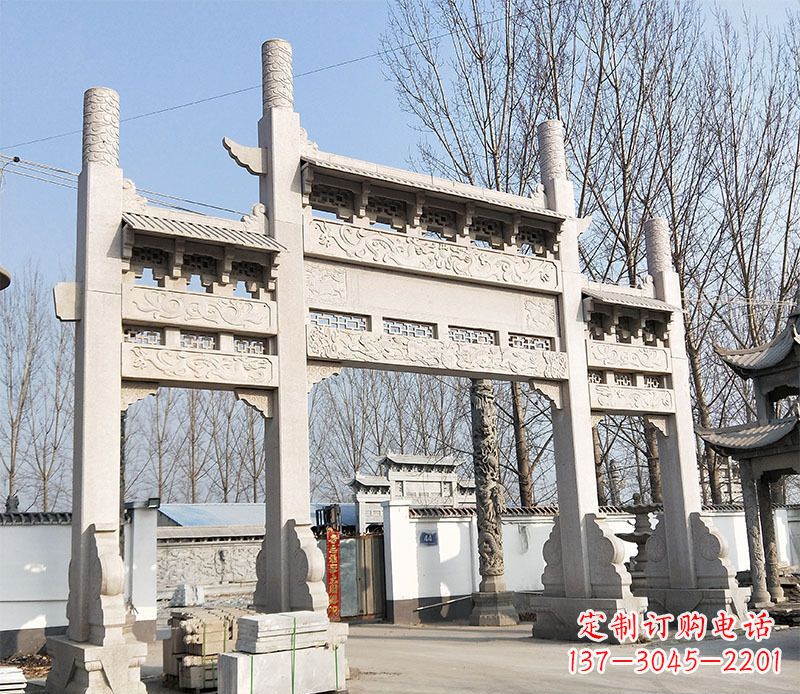 保定村口三门石牌坊石雕 (3)