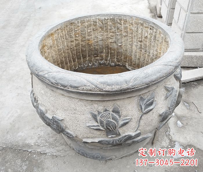 保定仿古荷花鲤鱼浮雕石水缸 (3)