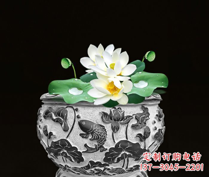 保定仿古荷花鲤鱼雕塑石水缸