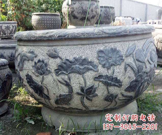 保定中领雕塑仿古荷花石浮雕水缸