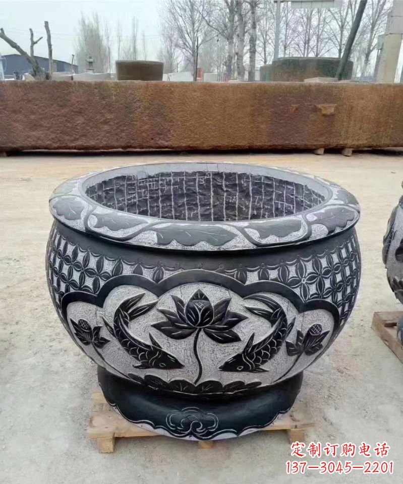 保定仿古石雕荷花鲤鱼水缸