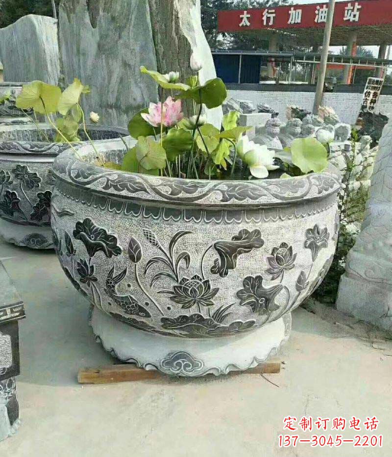 保定仿古石雕荷花水缸——精美的艺术品