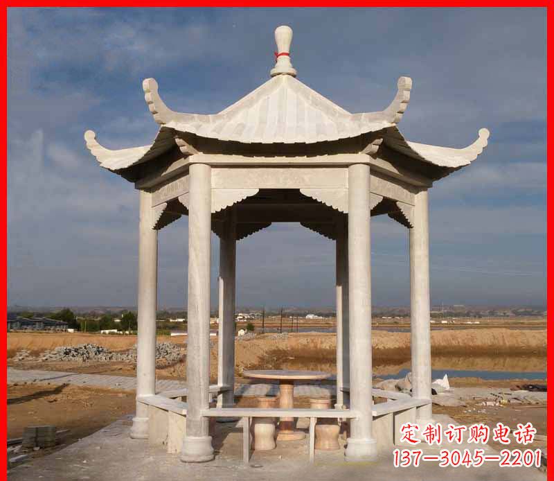 保定公园大理石六角石雕凉亭 (2)