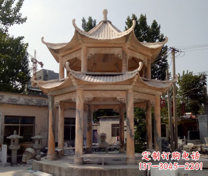 保定公园景观晚霞红双层石雕凉亭