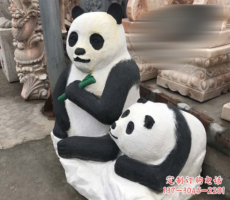 保定领雕塑——公园母子熊猫石雕