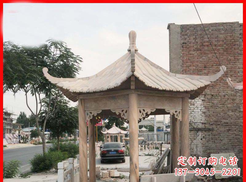 保定公园晚霞红六角石凉亭雕塑
