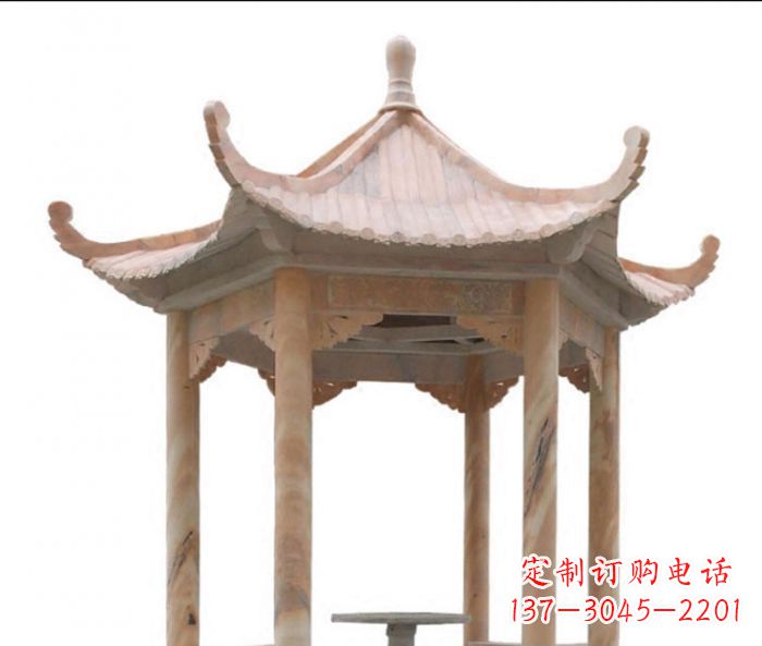 保定美丽而优雅的公园晚霞红六角石凉亭雕塑