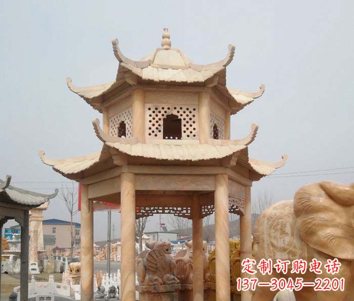 保定红双层六角石凉亭雕塑