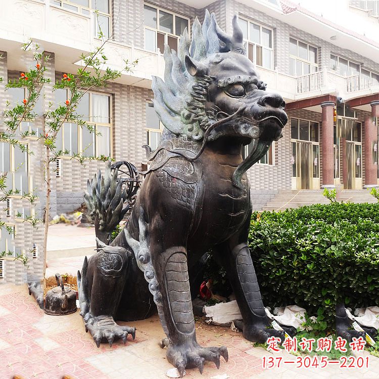 保定古铜色镇宅铜麒麟雕塑,精美绝伦!