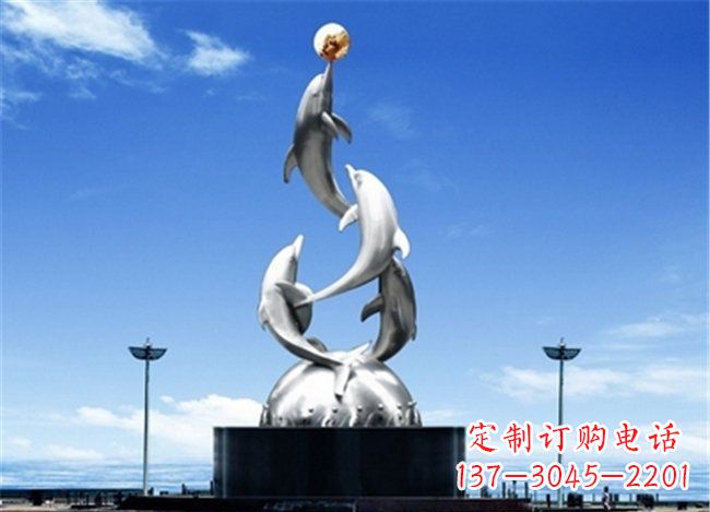 保定广场不锈钢海豚欢腾动物雕塑