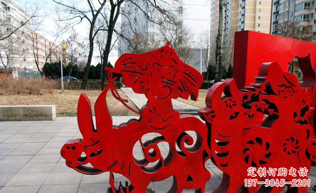 保定广场不锈钢剪纸牧童牛雕塑