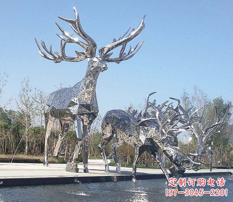 保定优雅而古典的不锈钢梅花鹿摆件雕塑