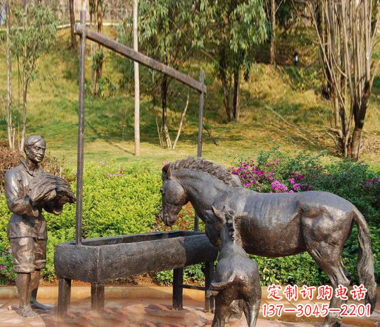 保定广场铜雕喂马动物雕塑