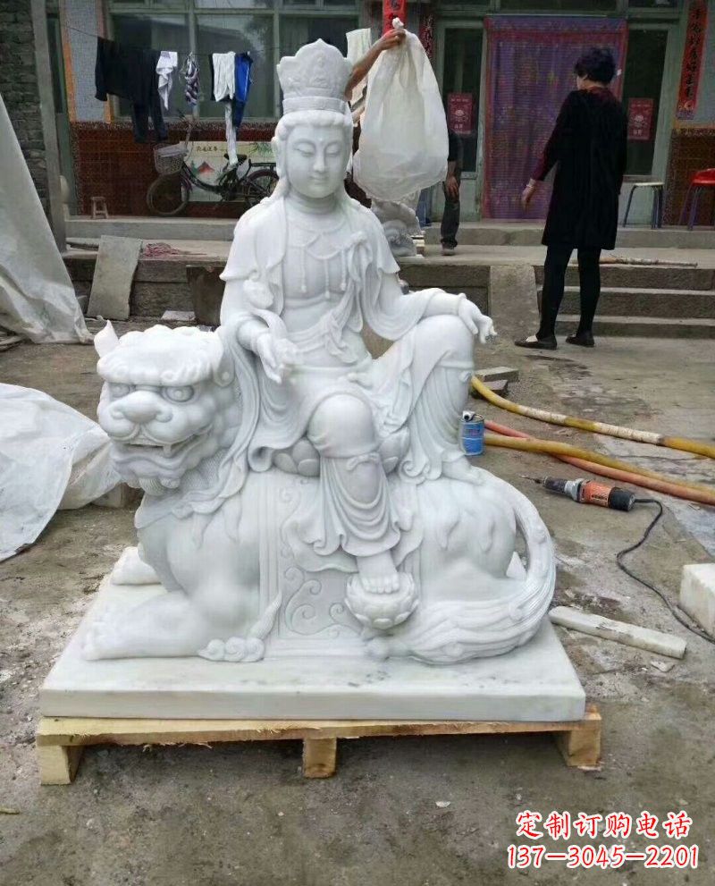 保定高端汉白玉文殊菩萨狮子雕塑