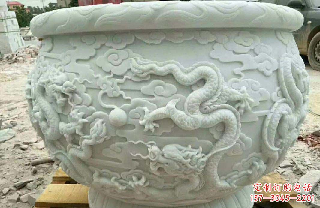 保定汉白玉龙浮雕水缸雕塑