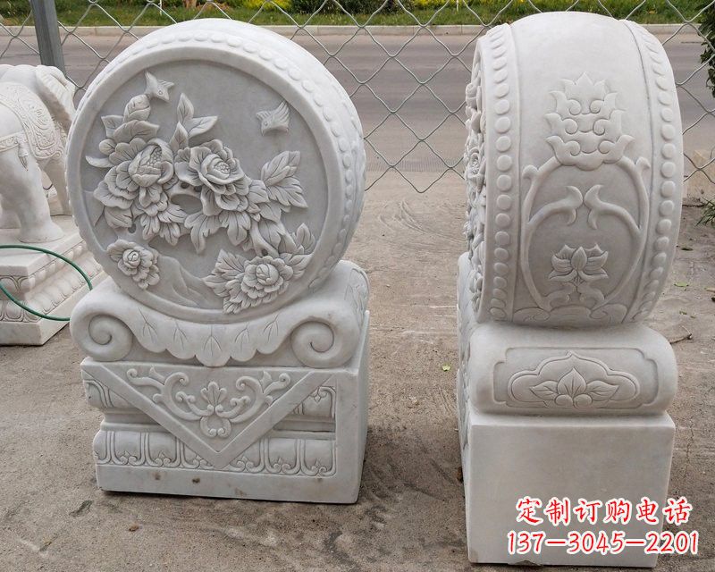保定汉白玉牡丹花门墩雕塑