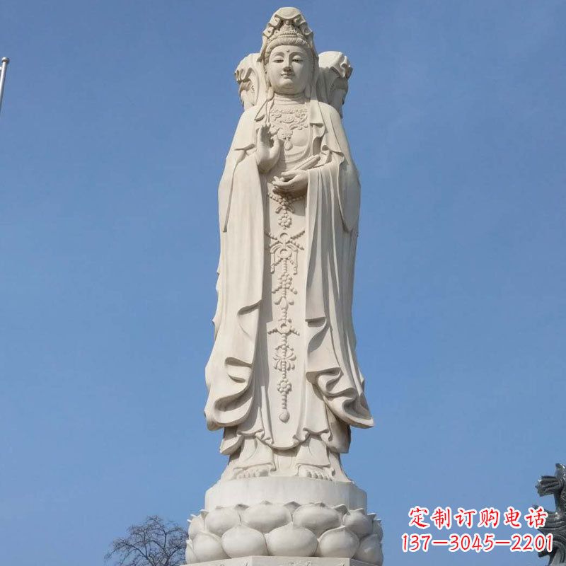 保定汉白玉三面观音石雕佛像