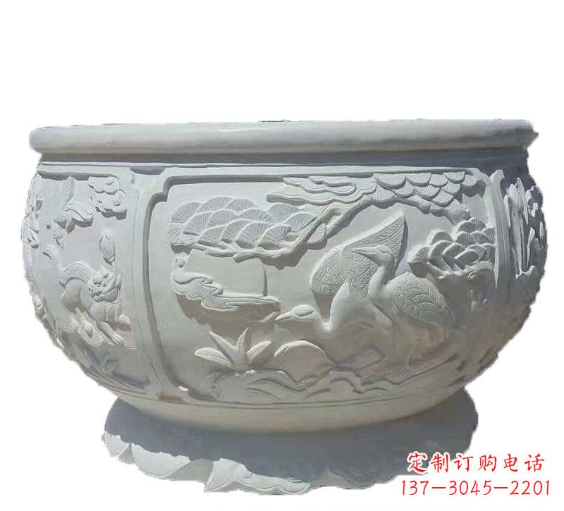 保定汉白玉松鹤延年浮雕水缸,带给您无尽的岁月美景