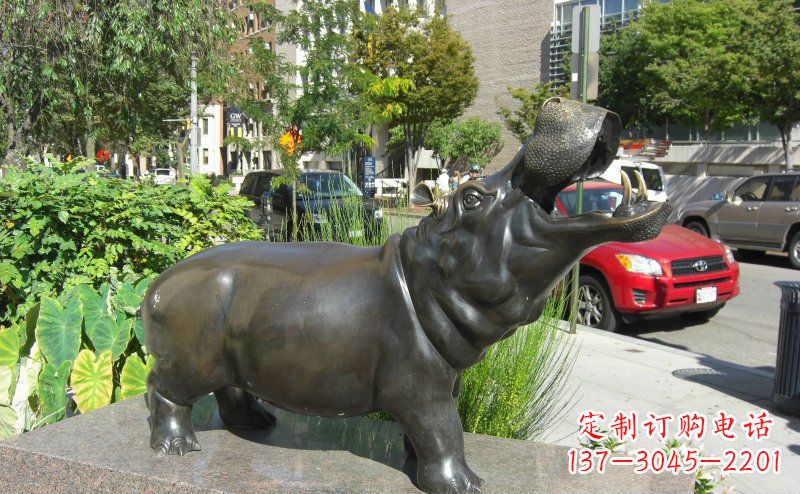 保定精美细腻的街边河马铜雕