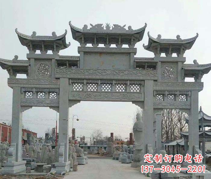 保定三门牌坊石雕,精美汉风石雕装饰景区