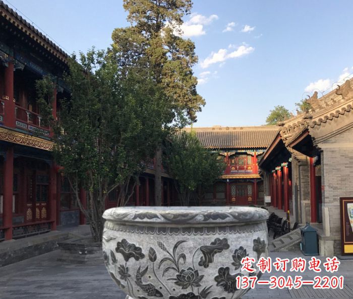 保定连年有鱼石浮雕圆形荷花水缸