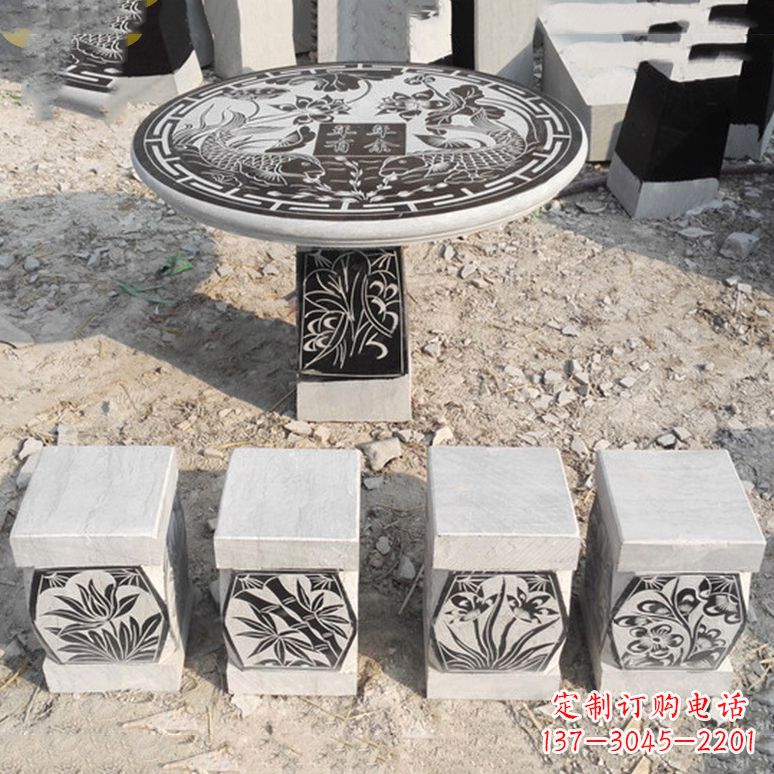 保定梅兰竹菊仿古方石桌凳雕塑,古朴典雅