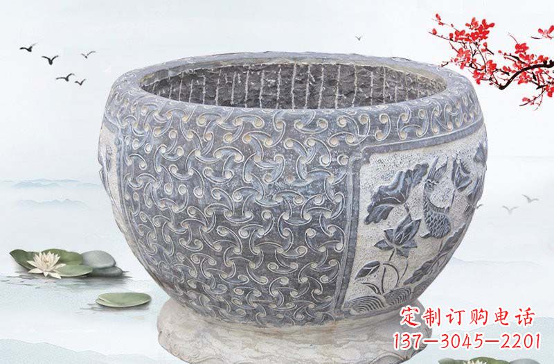 保定青石仿古鲤鱼浮雕水缸,精致雕塑设计