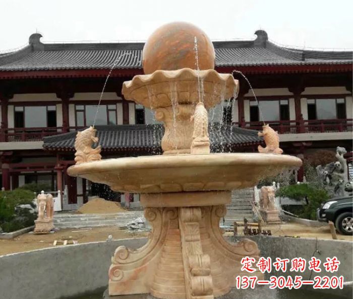 保定双层风水球喷泉晚霞红石雕