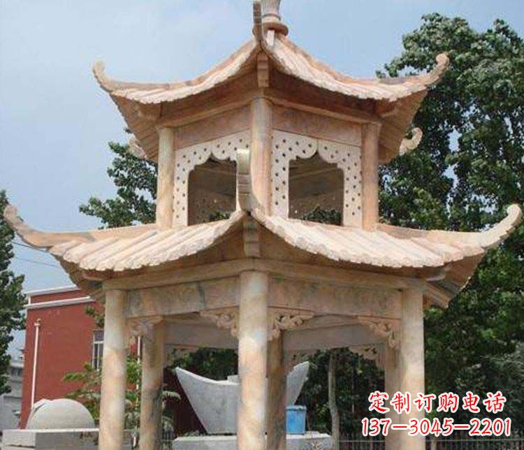 保定双层晚霞红凉亭石雕