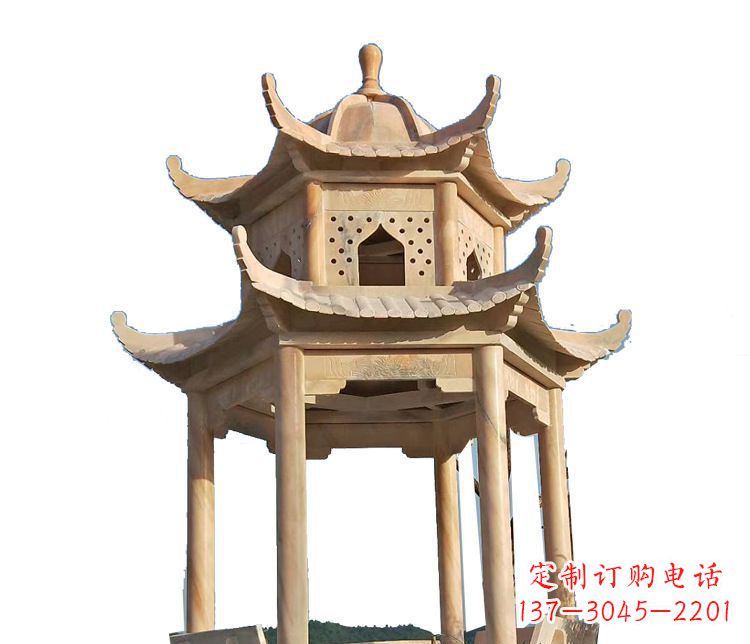 保定双层晚霞红凉亭石雕 (2)
