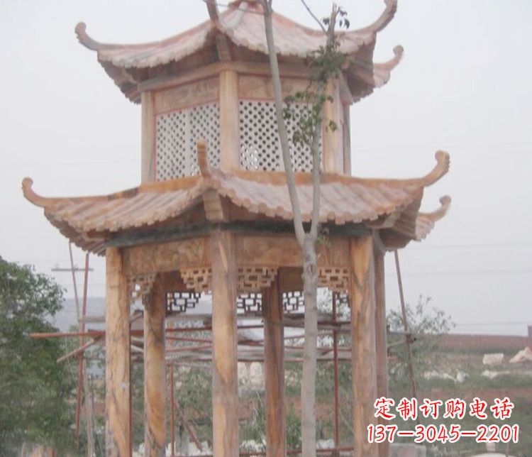 保定双层晚霞红石凉亭石雕 (2)