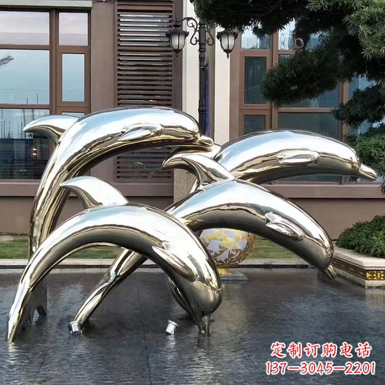 保定水景不锈钢海豚雕塑-城市广场创意动物雕塑