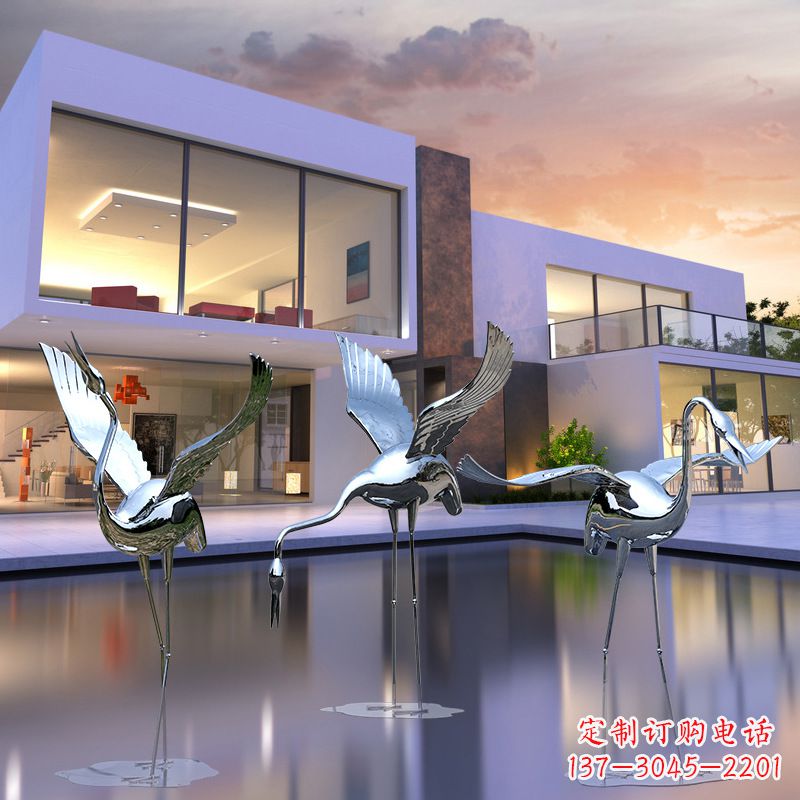 保定水景仙鹤不锈钢镜面雕塑