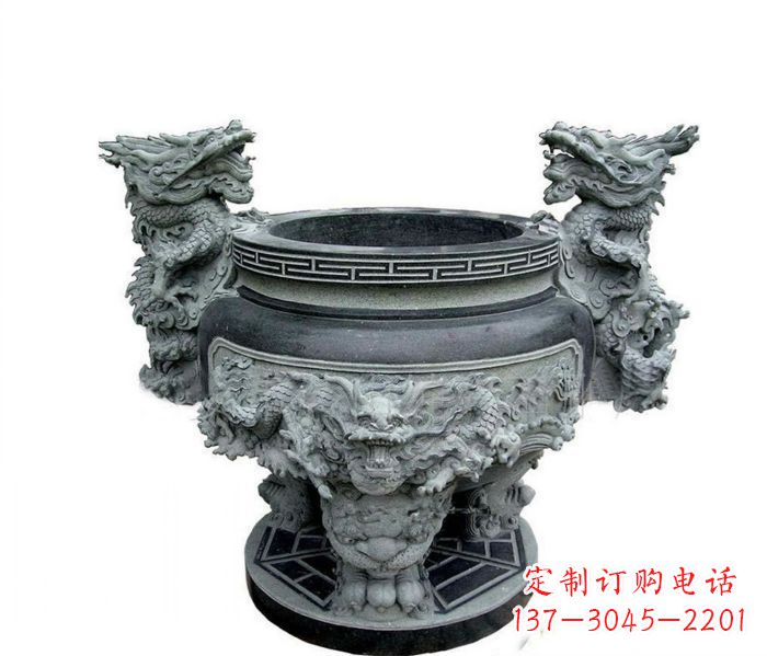 保定寺庙景观龙头水缸石雕 (2)