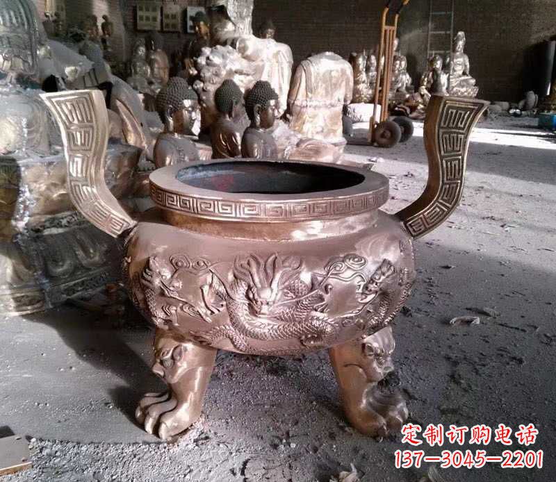保定寺庙龙浮雕圆铜雕香炉