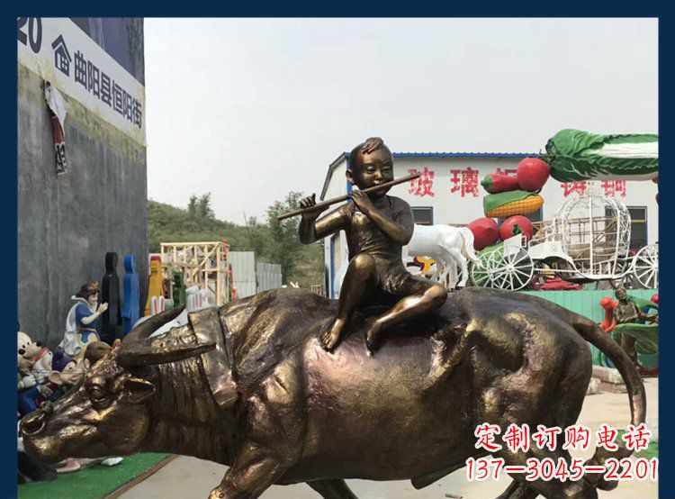 保定田园铜雕木头骑黄牛动物雕塑