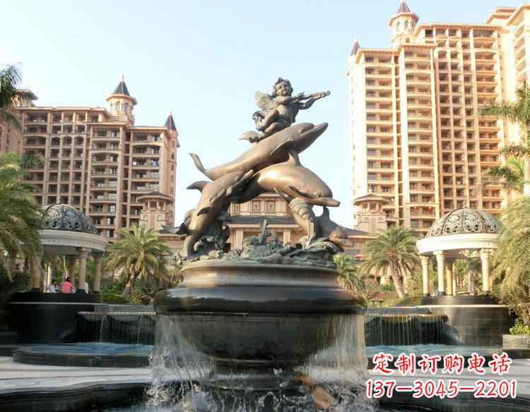 保定跳跃的海豚和小天使喷泉铜雕 