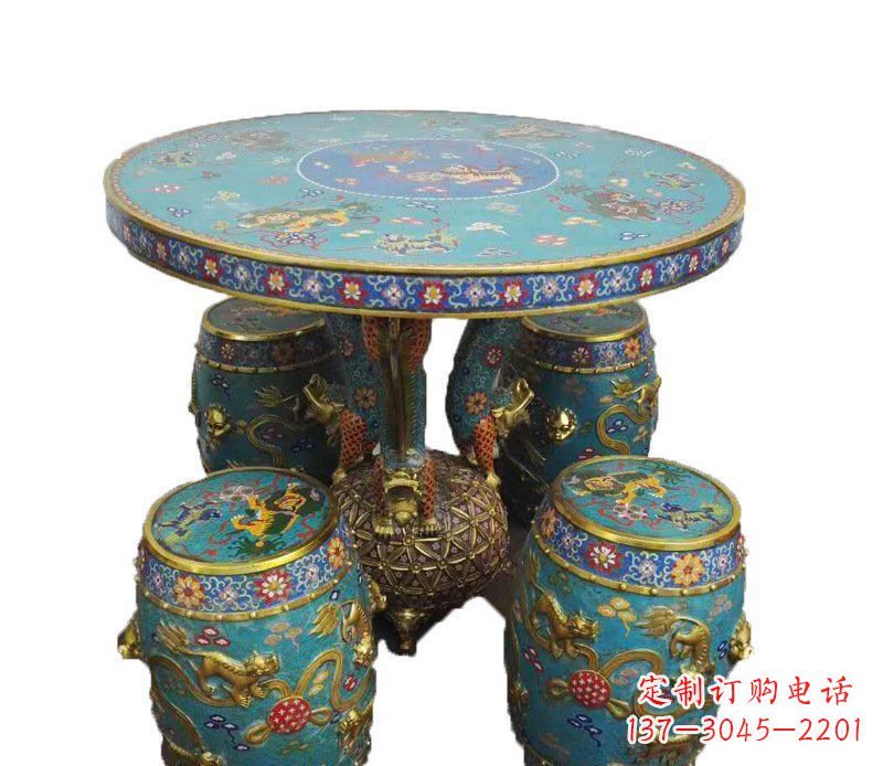 保定铜雕彩绘小象圆桌景观摆件