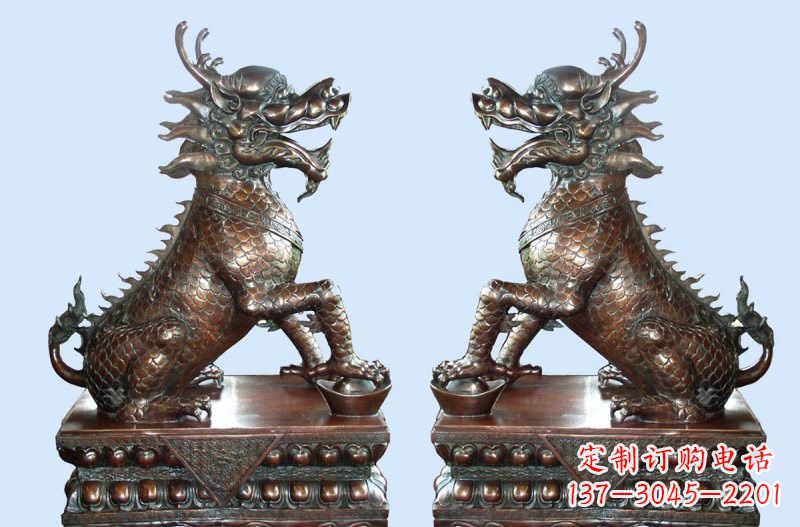 保定铜雕踩元宝招财麒麟