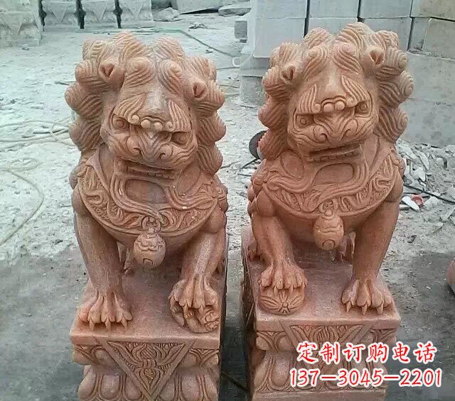 保定晚霞红传统狮子石雕